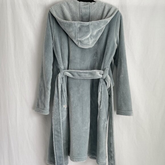 UGG Women’s Miranda Fleece Hooded Short Robe Size S Blue Plush Belted Pockets - Picture 5 of 11
